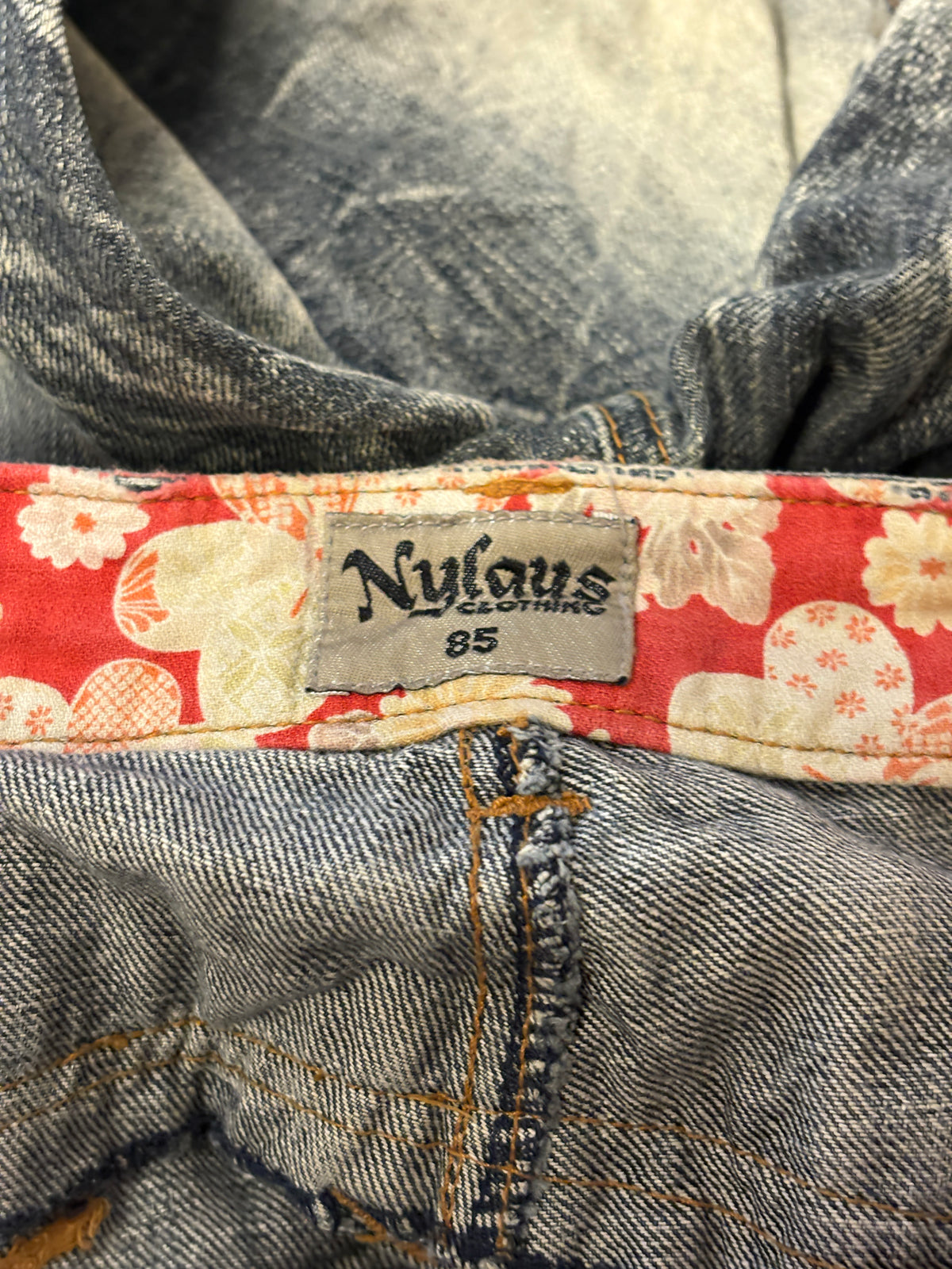 Japanese brand blue grey double waisted cherry blossom floral design belt loops denim jeans