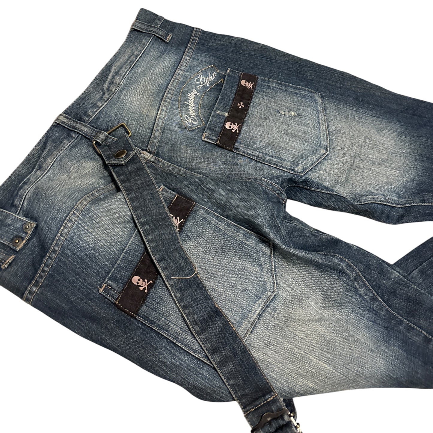 PPFM harness strap multizip embroided whiskered denim jeans