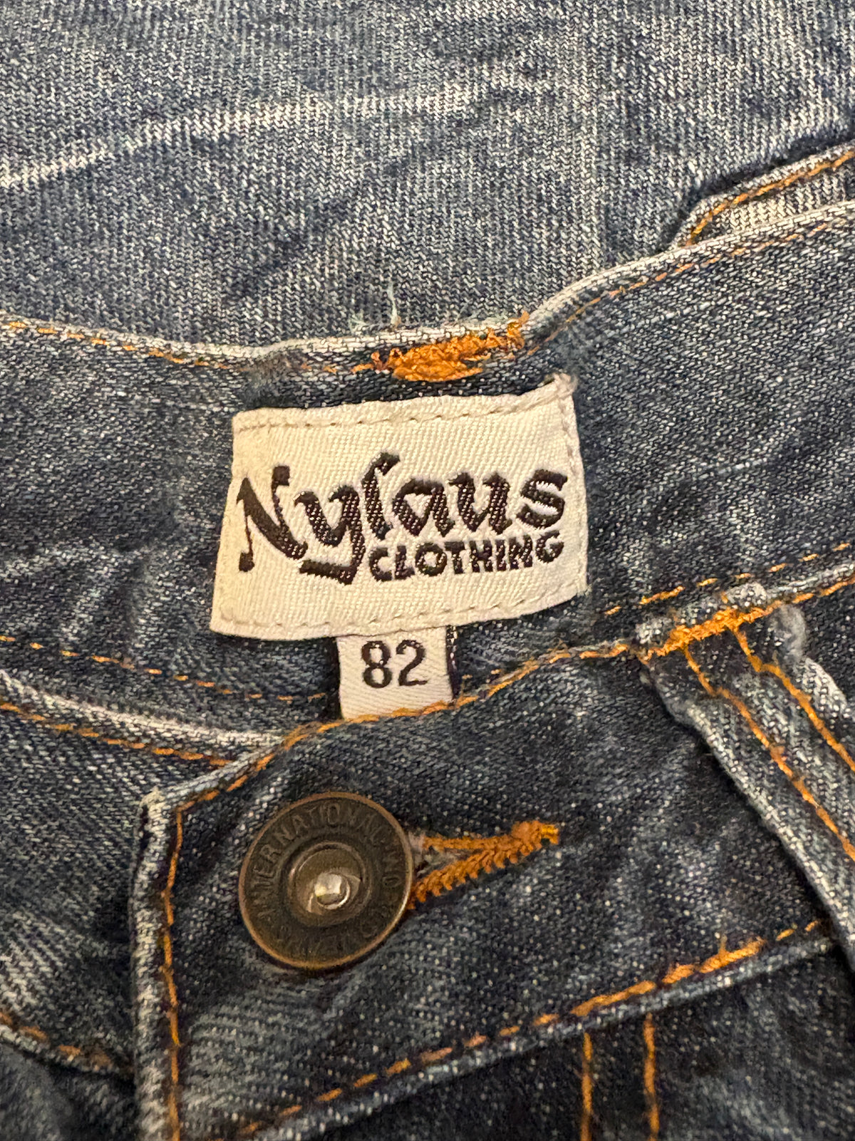Japanese brand double waist honeycomb wash streaked denim jeans w/ multicolour belt loops