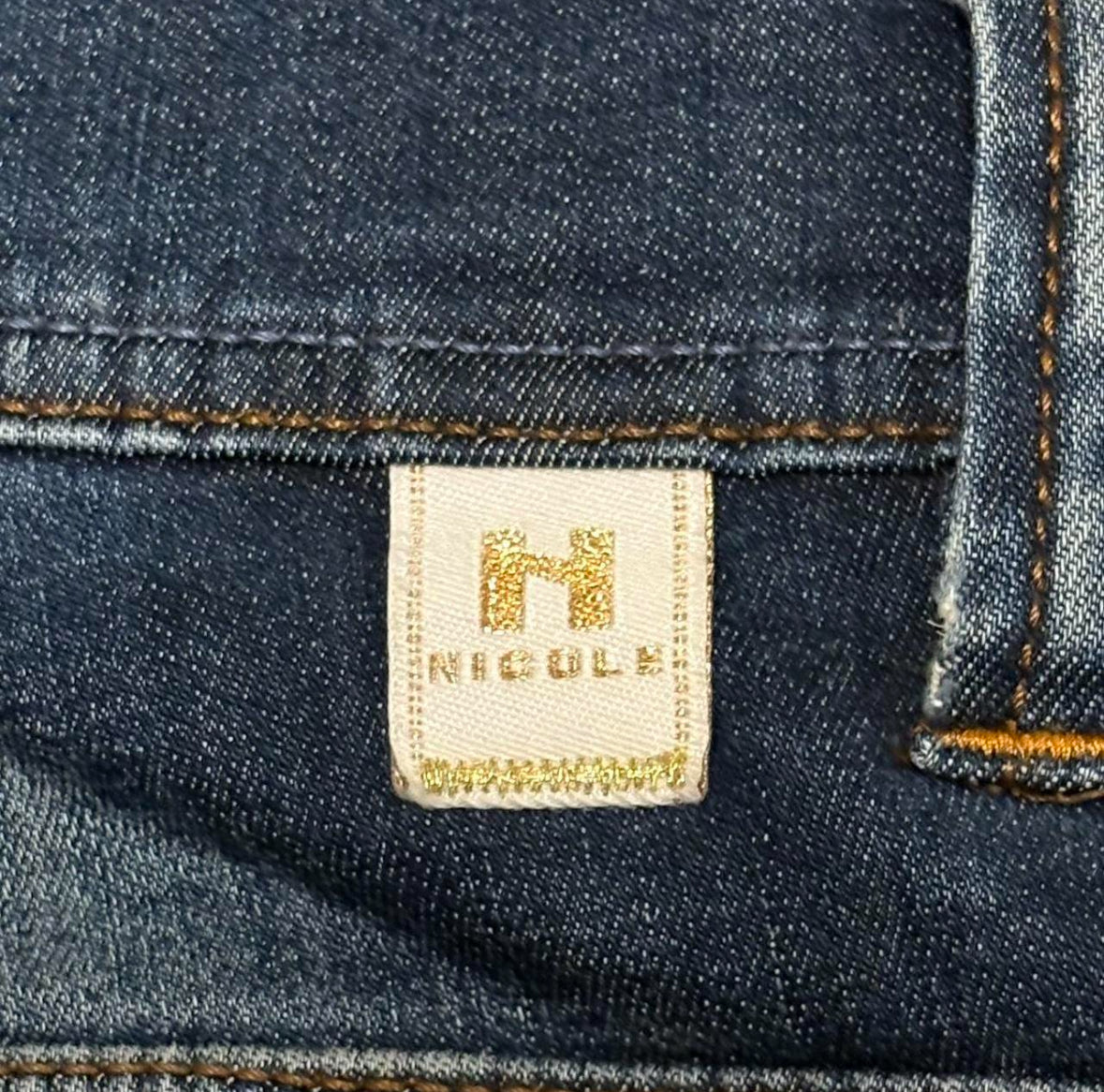 Nicole Hideaways distressed patchwork blue denim jeans