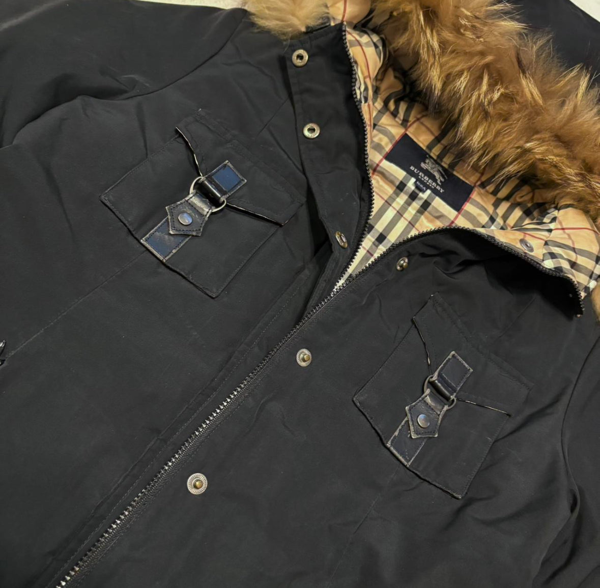 Burberry quilted utility pocket raccoon fur hood down puffer jacket