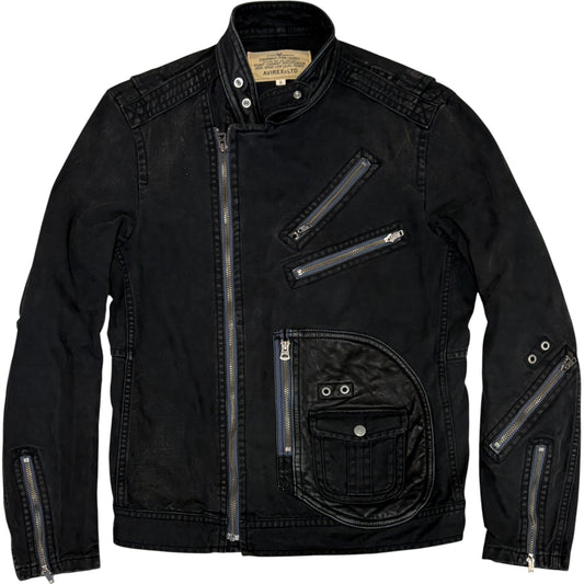 Avirex asymmetric multizip leather pocket denim jacket