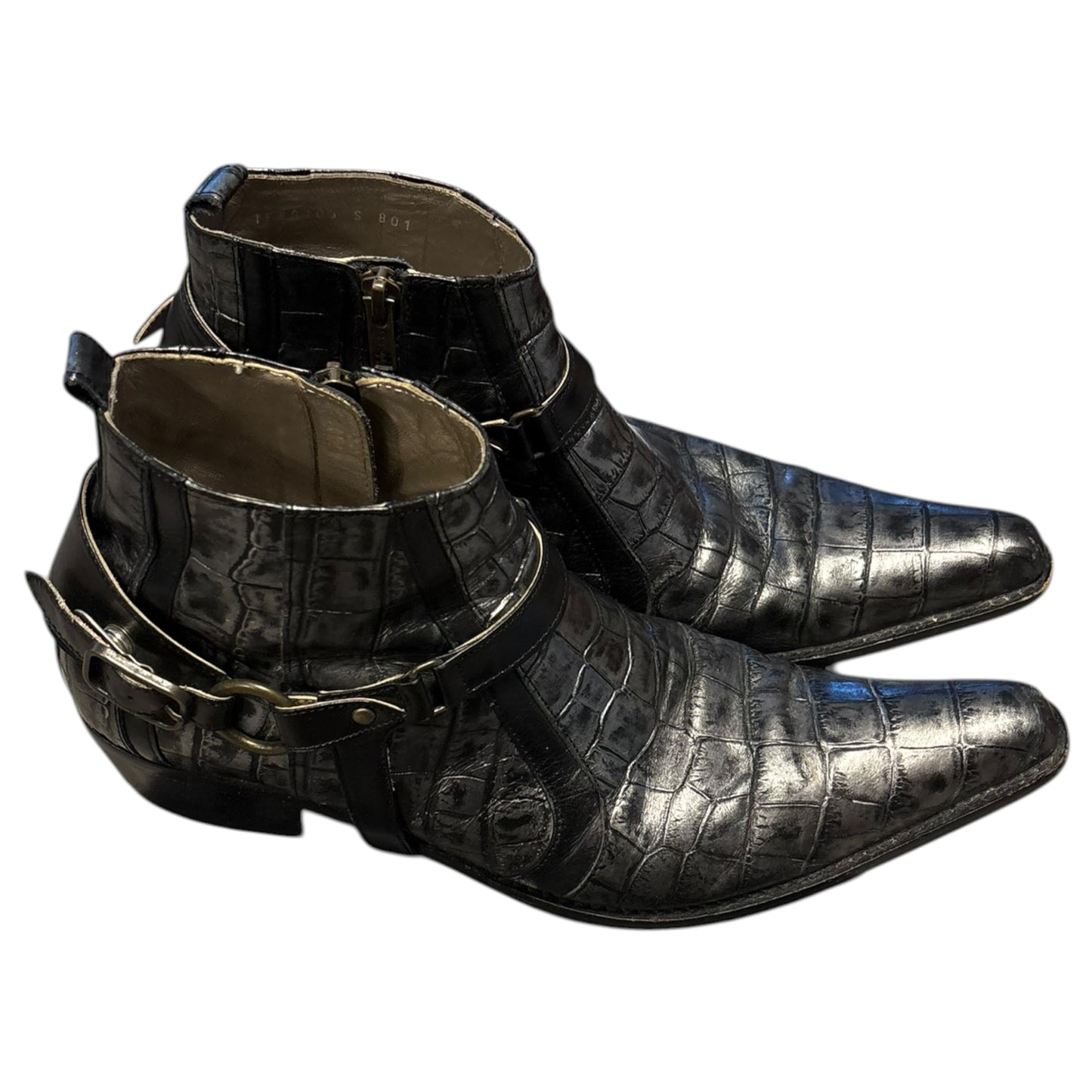 Tornado Mart crocodile print harness buckle leather dress heeled boots