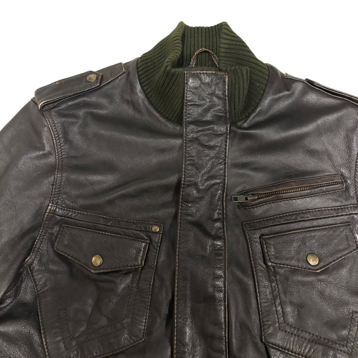 Tom Wolfe black leather biker jacket with green cotton fleece ends
