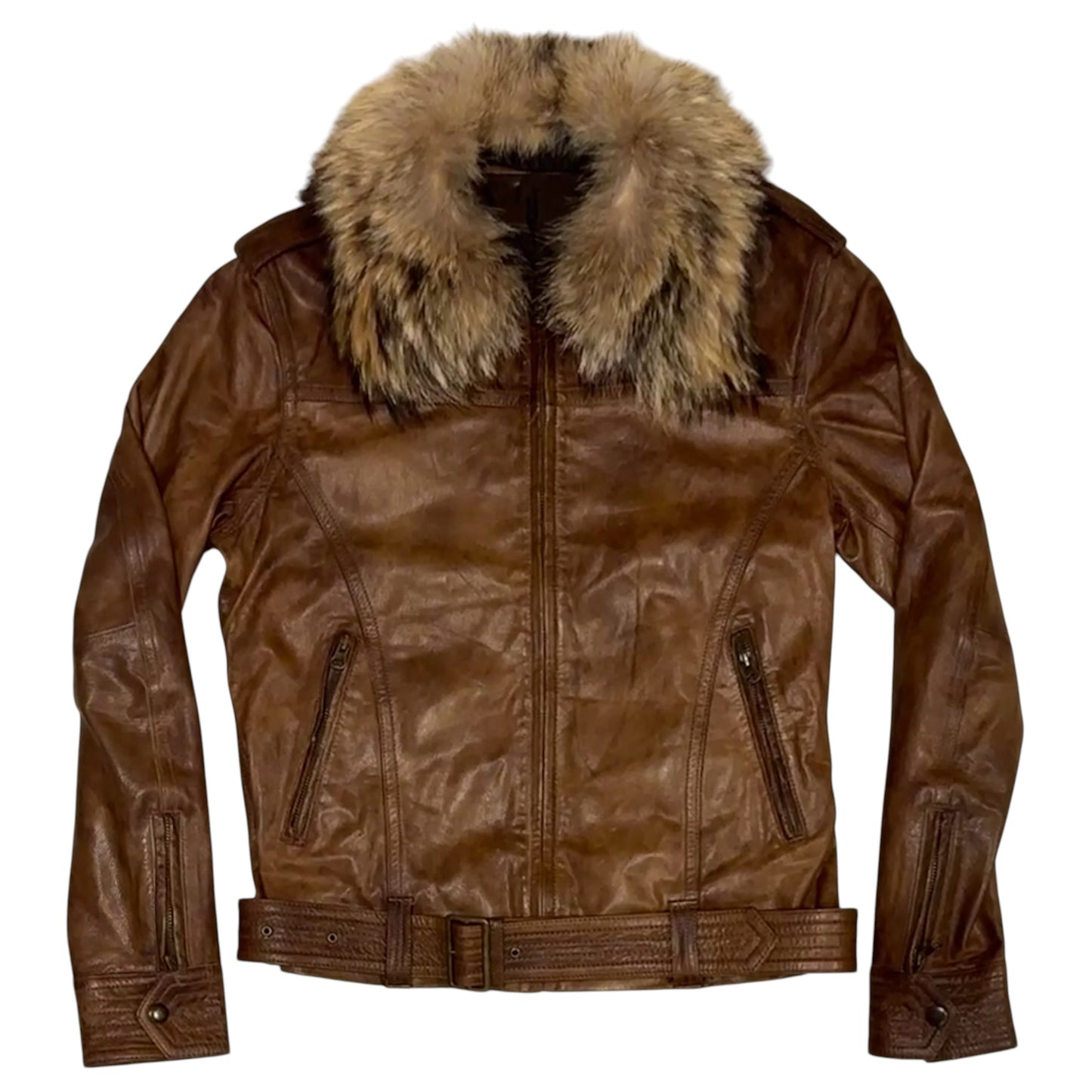Tete Homme brown goat leather jacket w zips & removable belt & raccoon fur collar