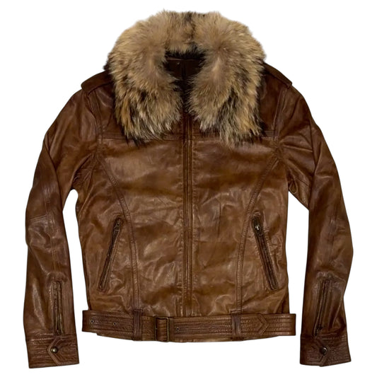 Tete Homme brown goat leather jacket w zips & removable belt & raccoon fur collar