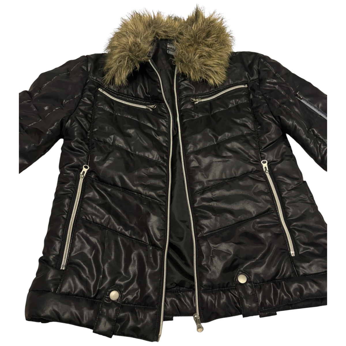 Japanese brand black faux fur 2-way collared puffer jacket