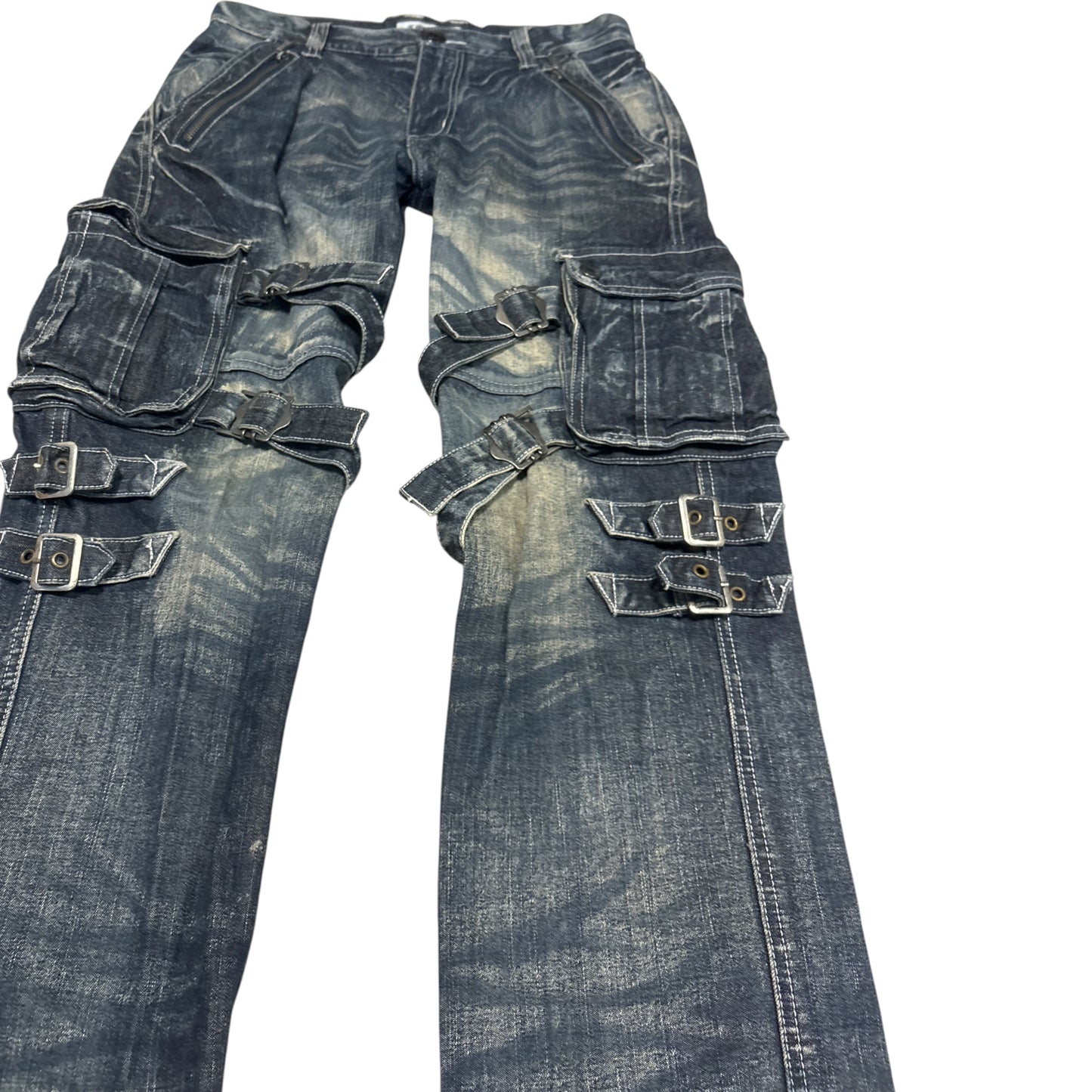 Lowbox blue utility cargo bondage denim jeans