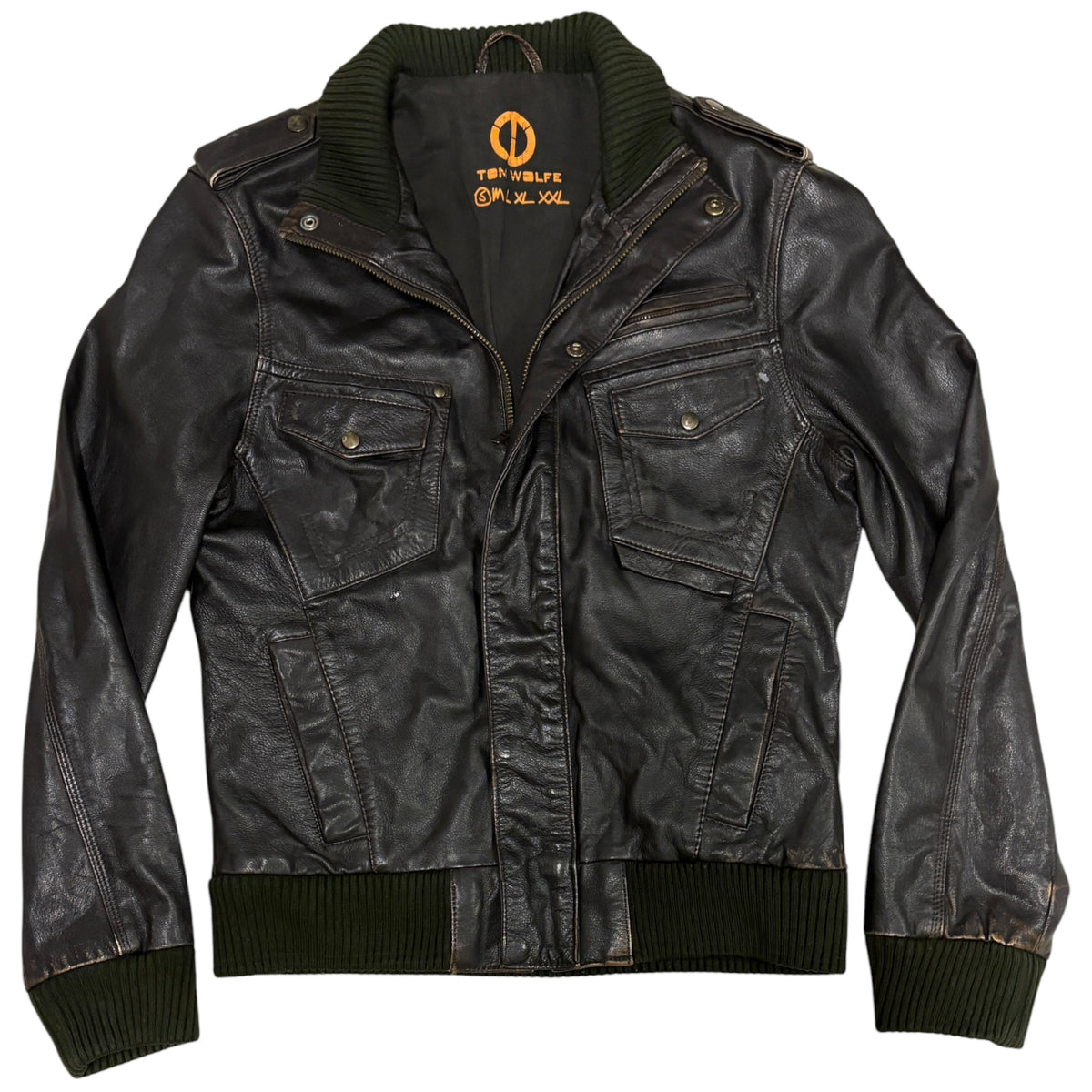 Tom Wolfe black leather biker jacket with green cotton fleece ends