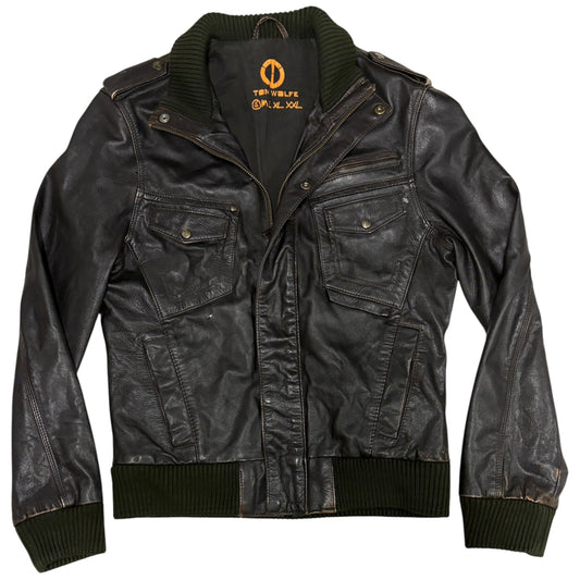 Tom Wolfe black leather biker jacket with green cotton fleece ends