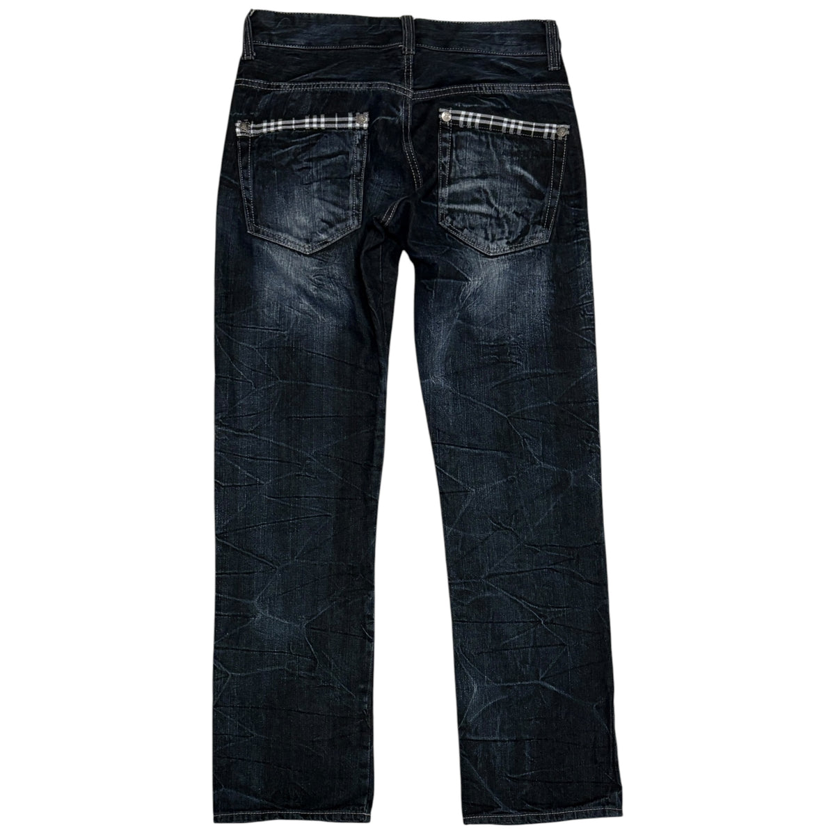 Japanese brand navy honeycomb wash straight leg jeans w/ tartan check detailing