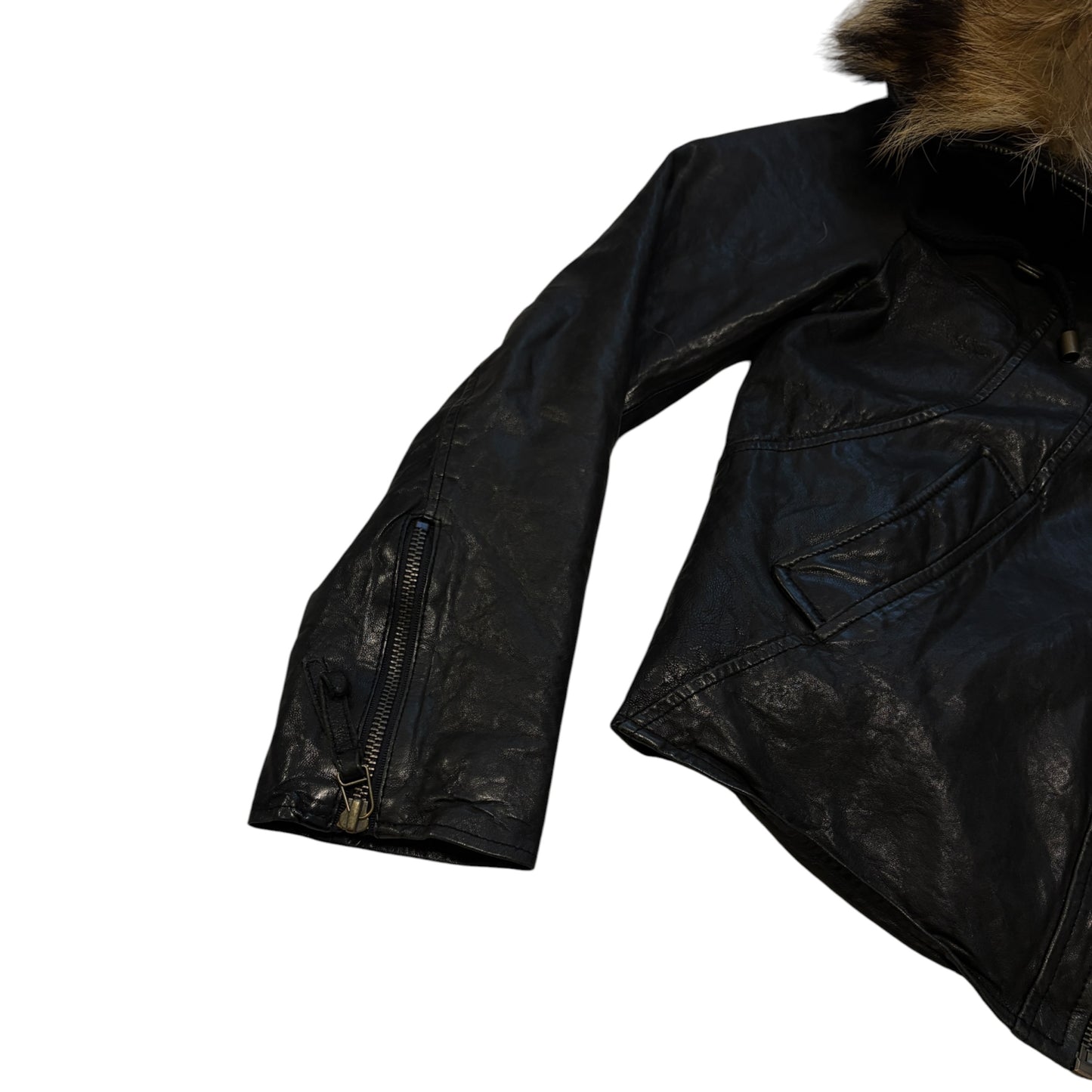 Goa black lambskin leather flight jacket w/ raccoon fur hood