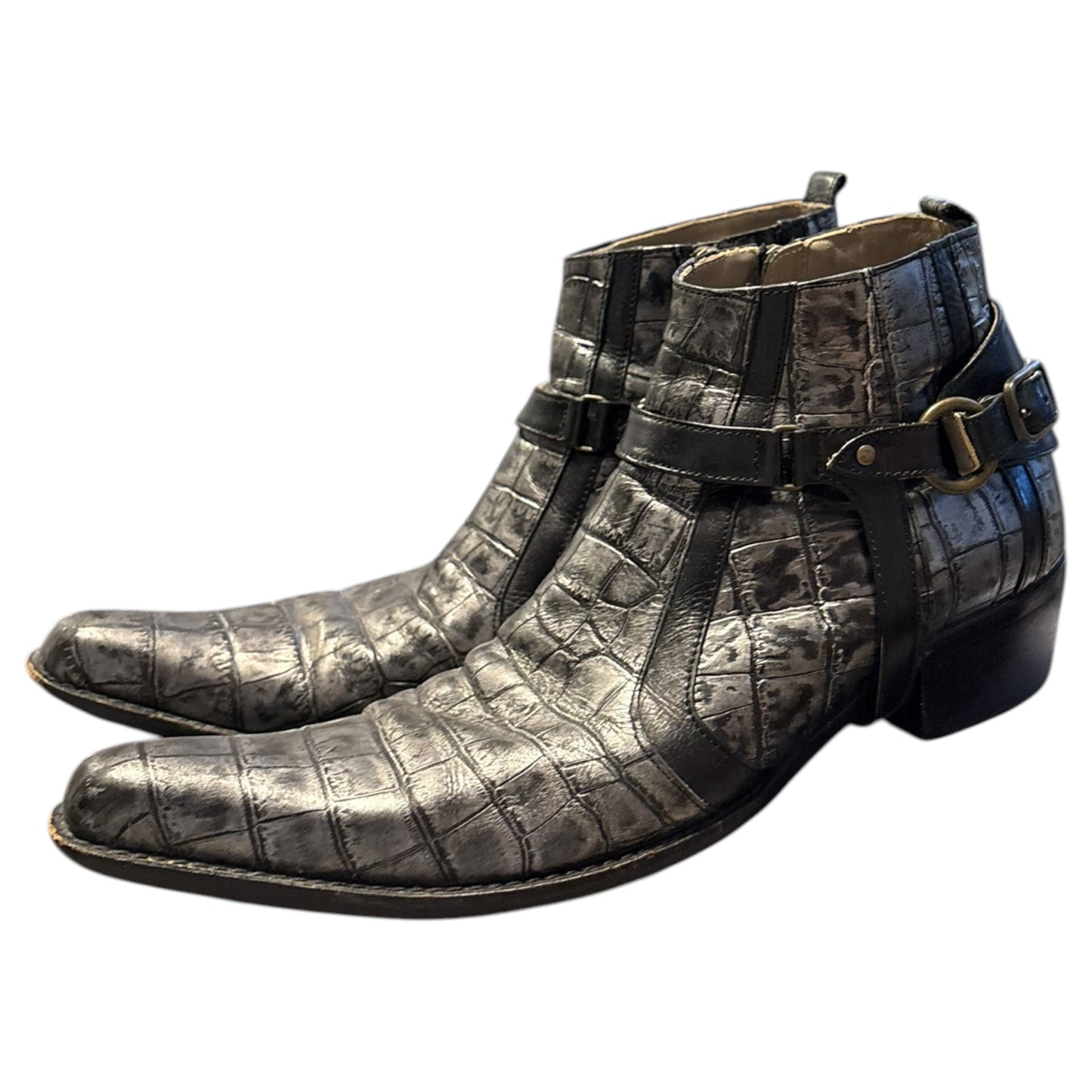 Tornado Mart crocodile print harness buckle leather dress heeled boots