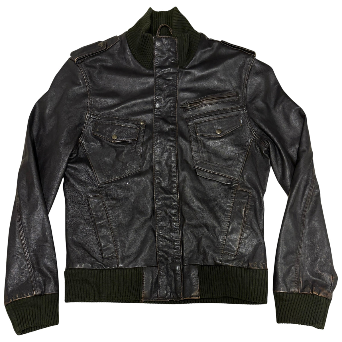 Tom Wolfe black leather biker jacket with green cotton fleece ends