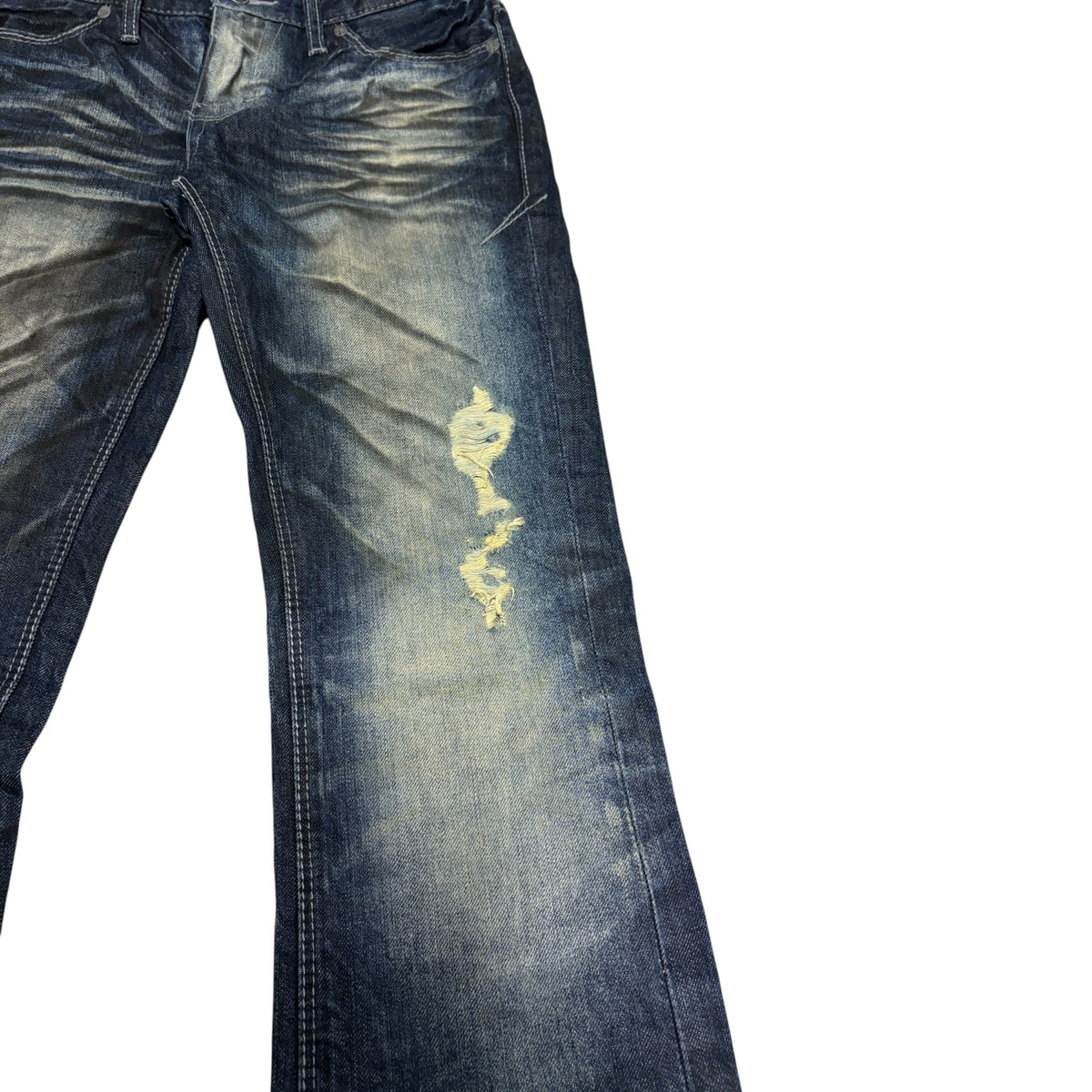 Fuga claw mark navy fade wash whiskered bootcut denim jeans