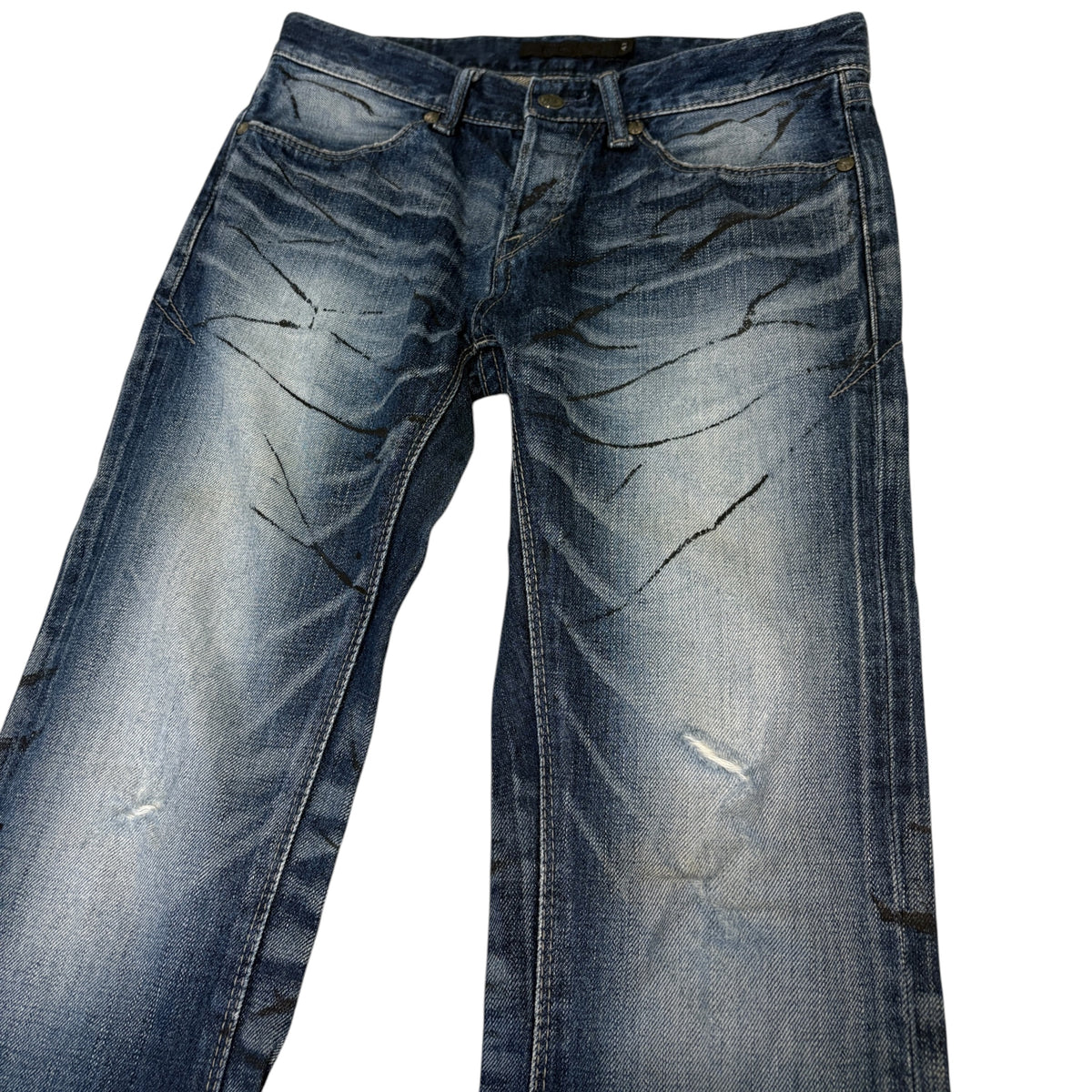 Fuga blue fade wash bootcut denim jeans w/ black claw mark streaking