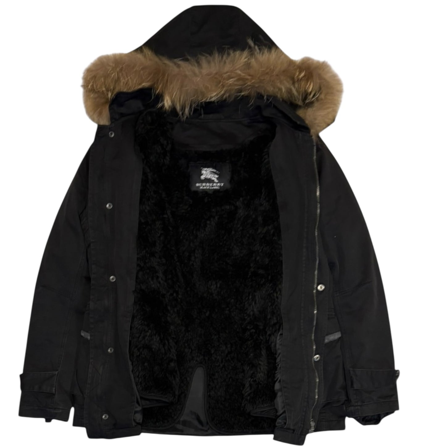 Burberry Black Label black fur hood trim mod coat parka jacket w boa fur lining