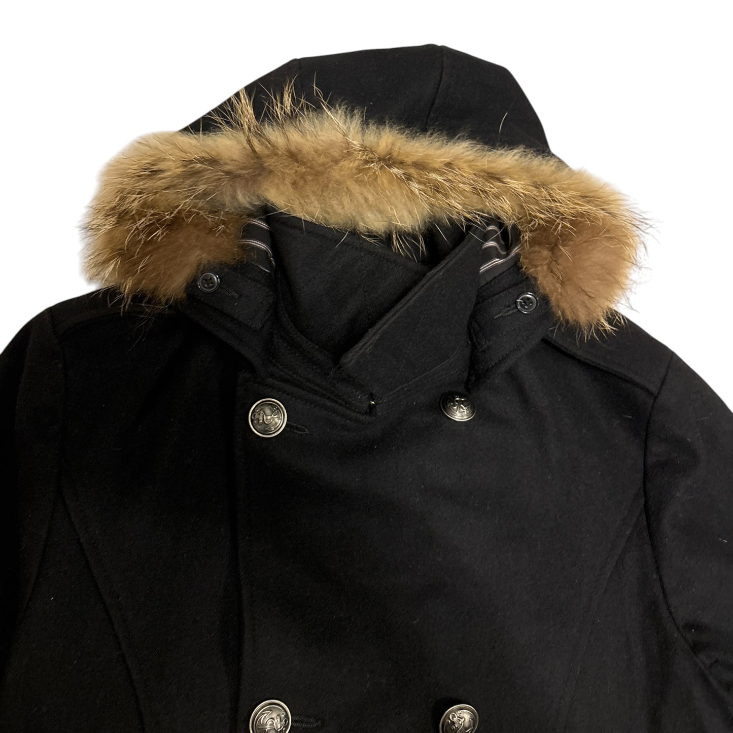 PPFM double breasted napoleon pea coat w/ raccoon fur trim