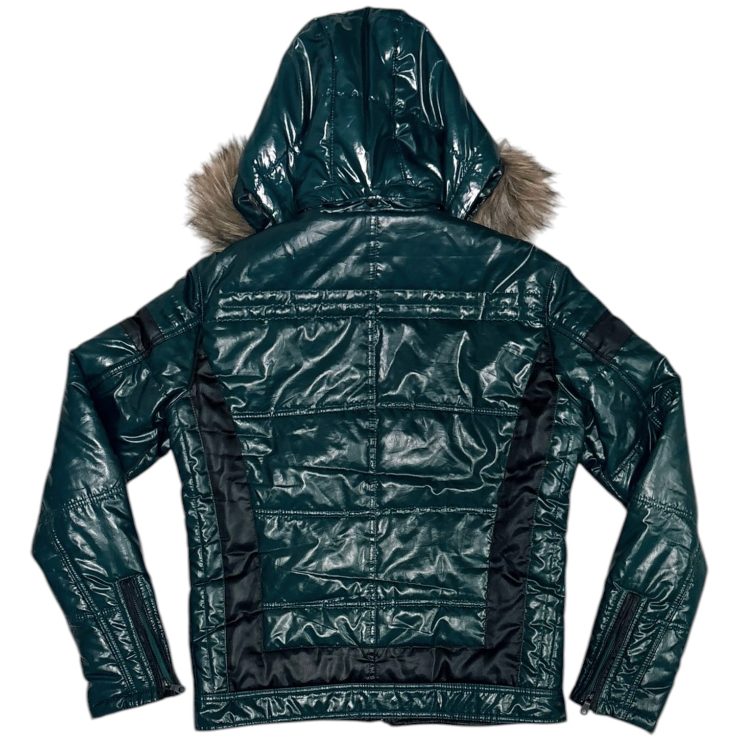 Semantic Design green turquoise lightweight puffer jacket with faux fur hood/trim