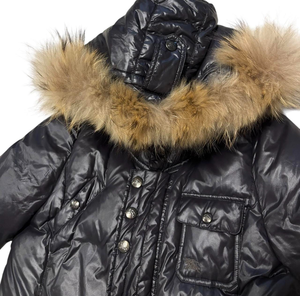 Burberry Blue Label 
raccoon fur hood down puffer jacket