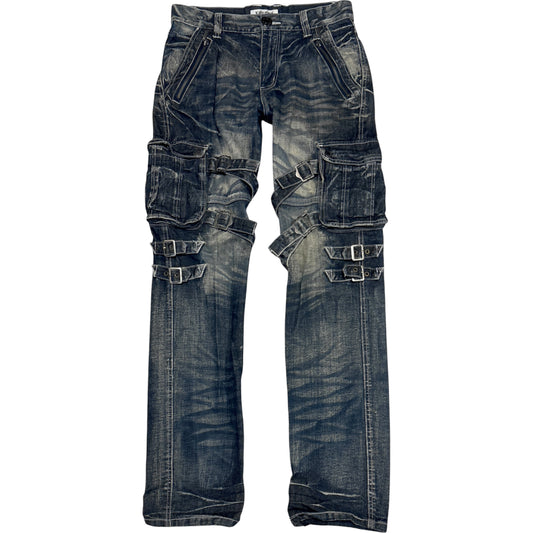 Lowbox blue utility cargo bondage denim jeans