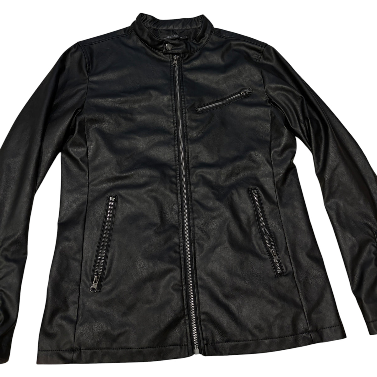 Japanese brand black collarlesss faux leather single riders jacket