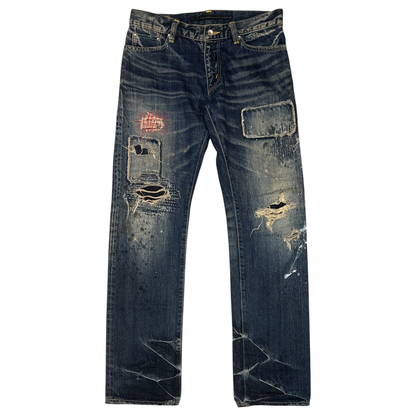 Japanese brand Plag distressed patchwork denim jeans