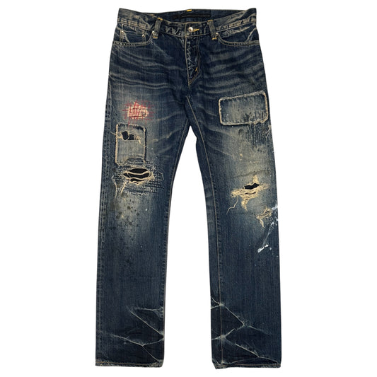 Japanese brand Plag distressed patchwork denim jeans