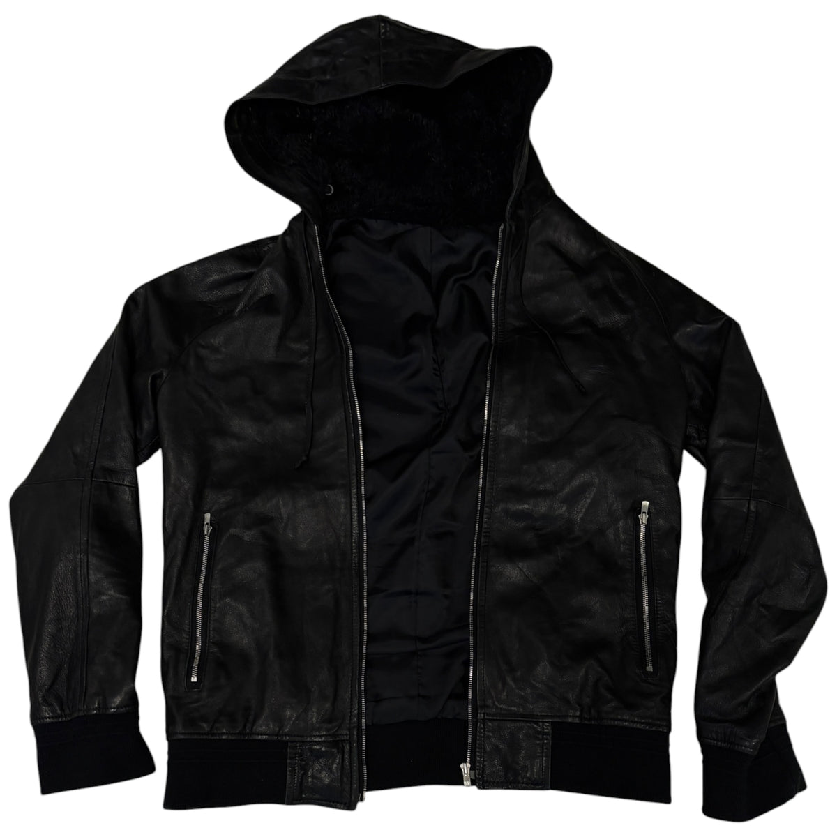Abahouse black lambskin leather jacket w/ raccoon fur boa lined hood