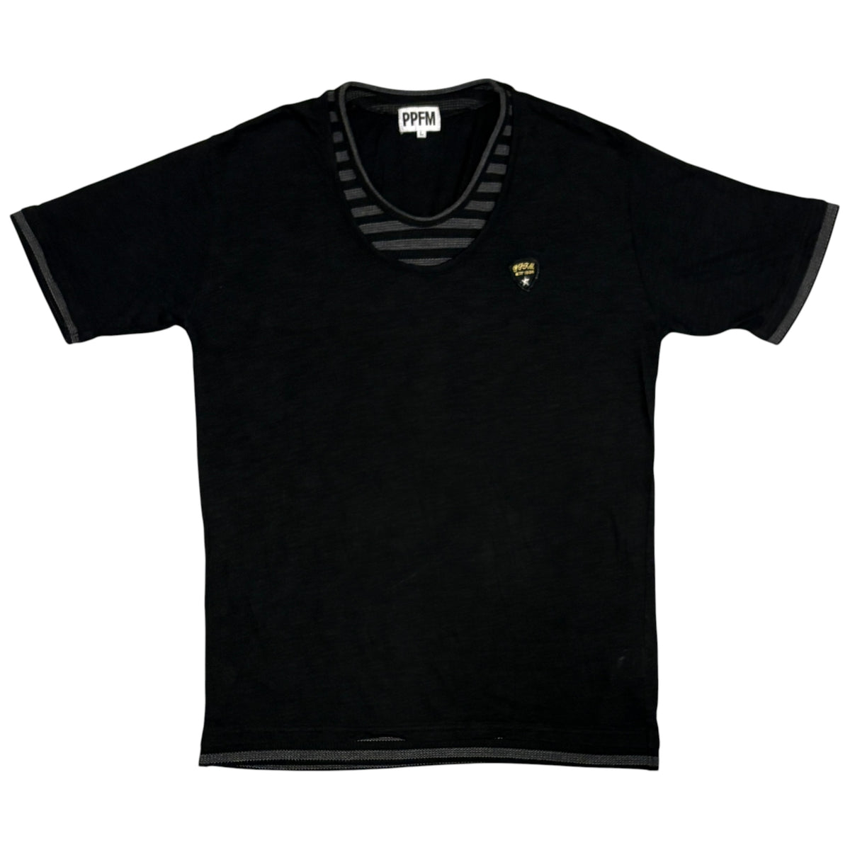 PPFM black layered striped black T-shirt w/ embroided badge