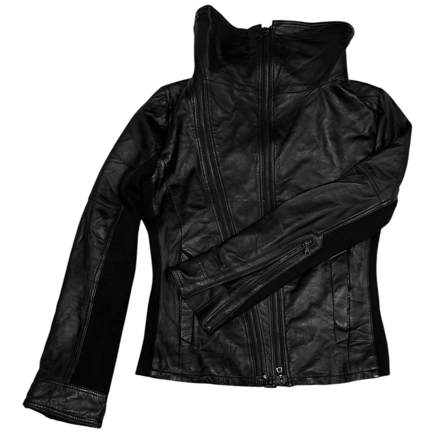 No ID 11AW asymmetric lambskin leather jacket w cotton ribbing & high neck, RRP £500