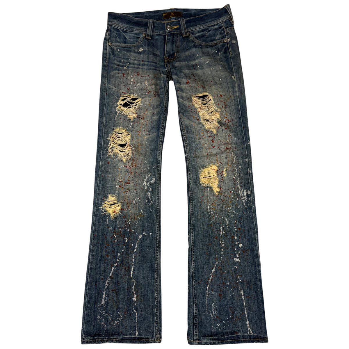 Xfrm blue distressed bootcut denim painted shine effect jeans