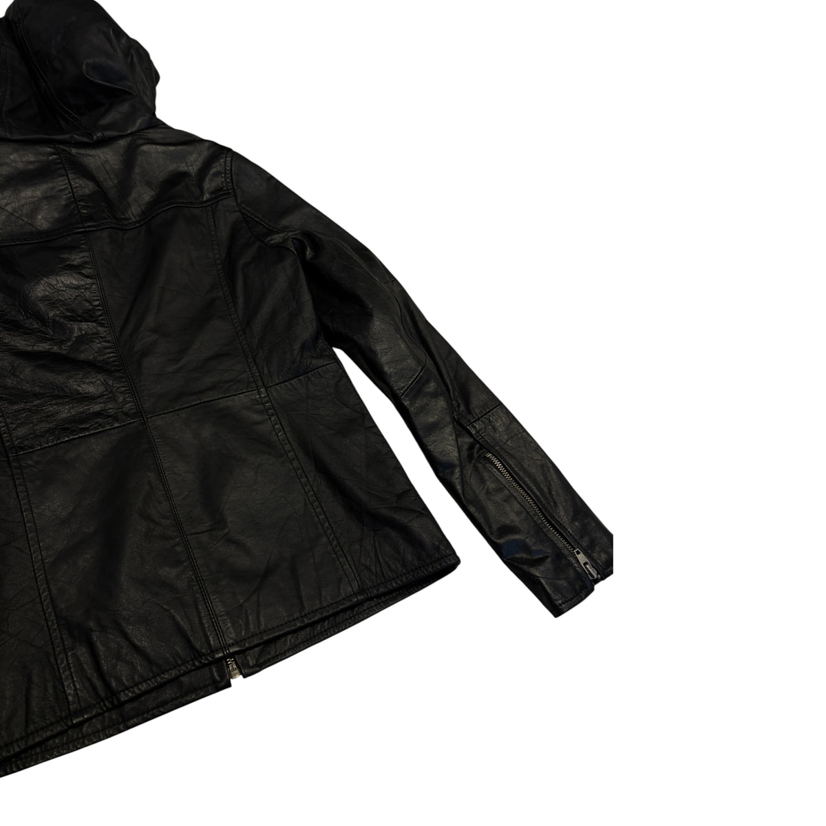 Roshell black hooded lambskin leather panelled zip jacket