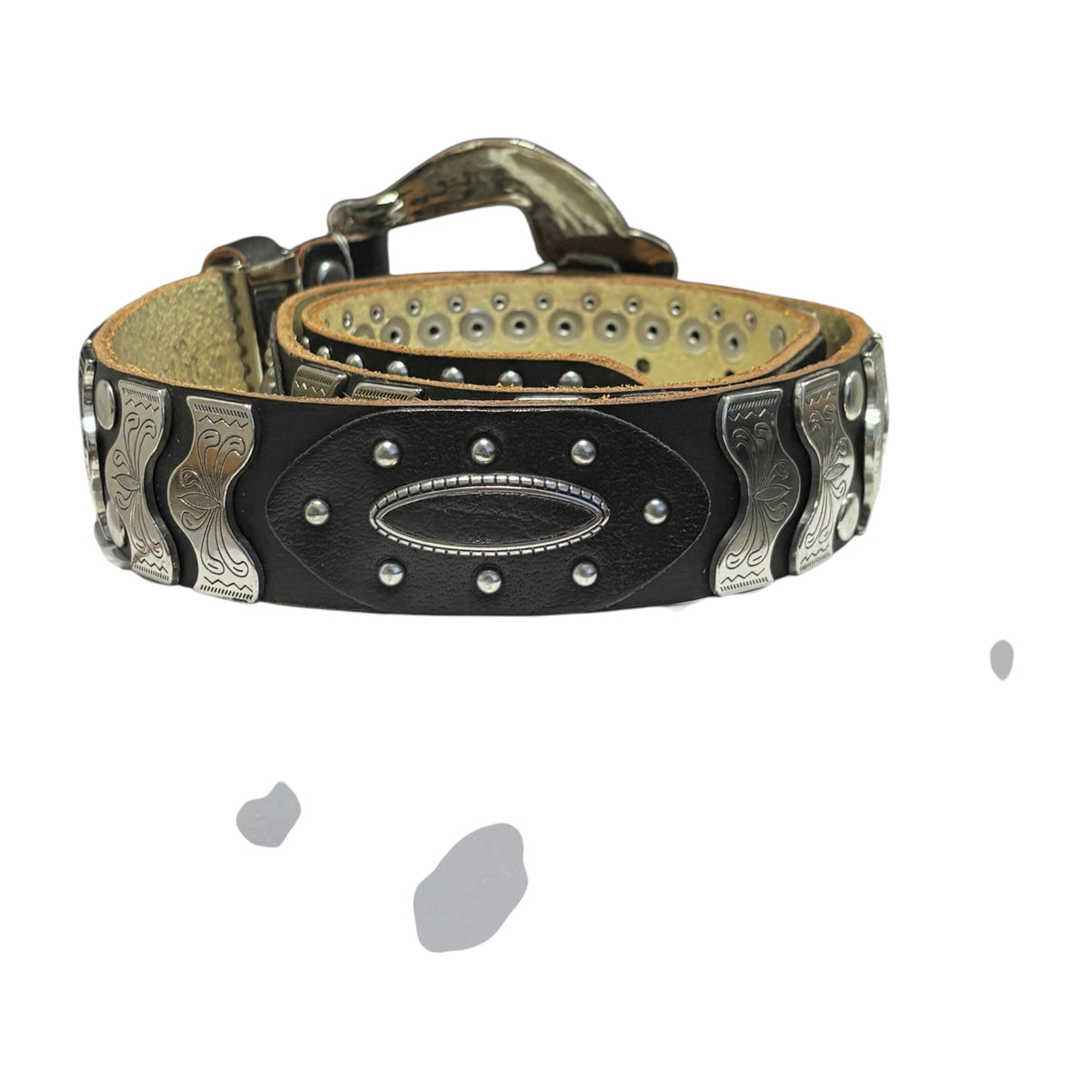 Japanese brand Diavlo studded western cowboy style leather belt w/ metal engravings
