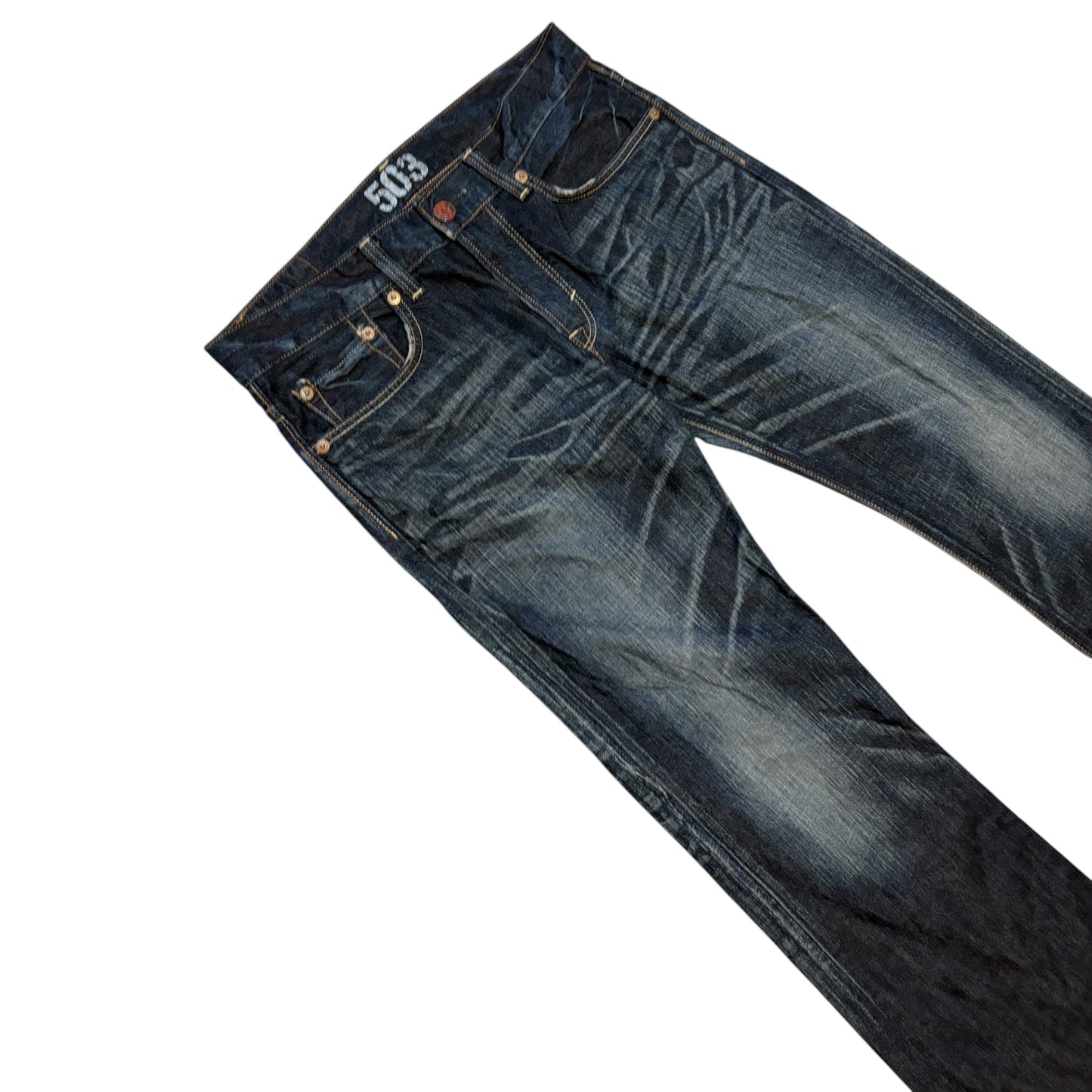 Edwin 503 blue navy dark gradient wash bootcut denim jeans