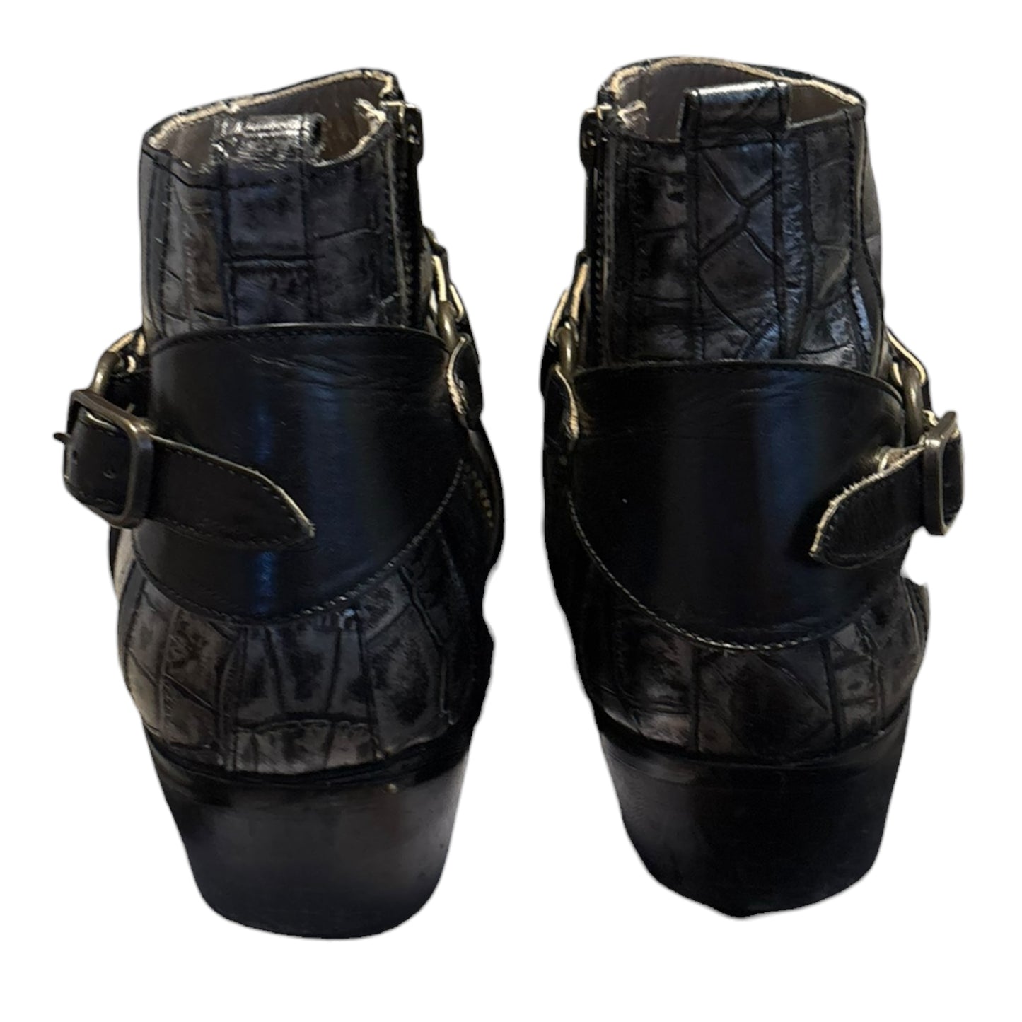 Tornado Mart crocodile print harness buckle leather dress heeled boots