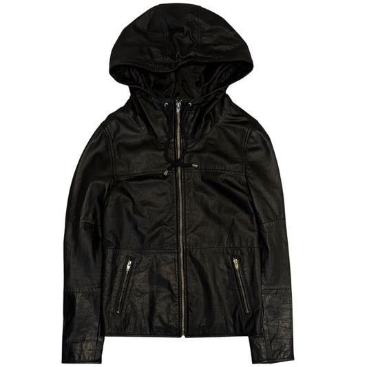 Roshell black hooded lambskin leather panelled zip jacket