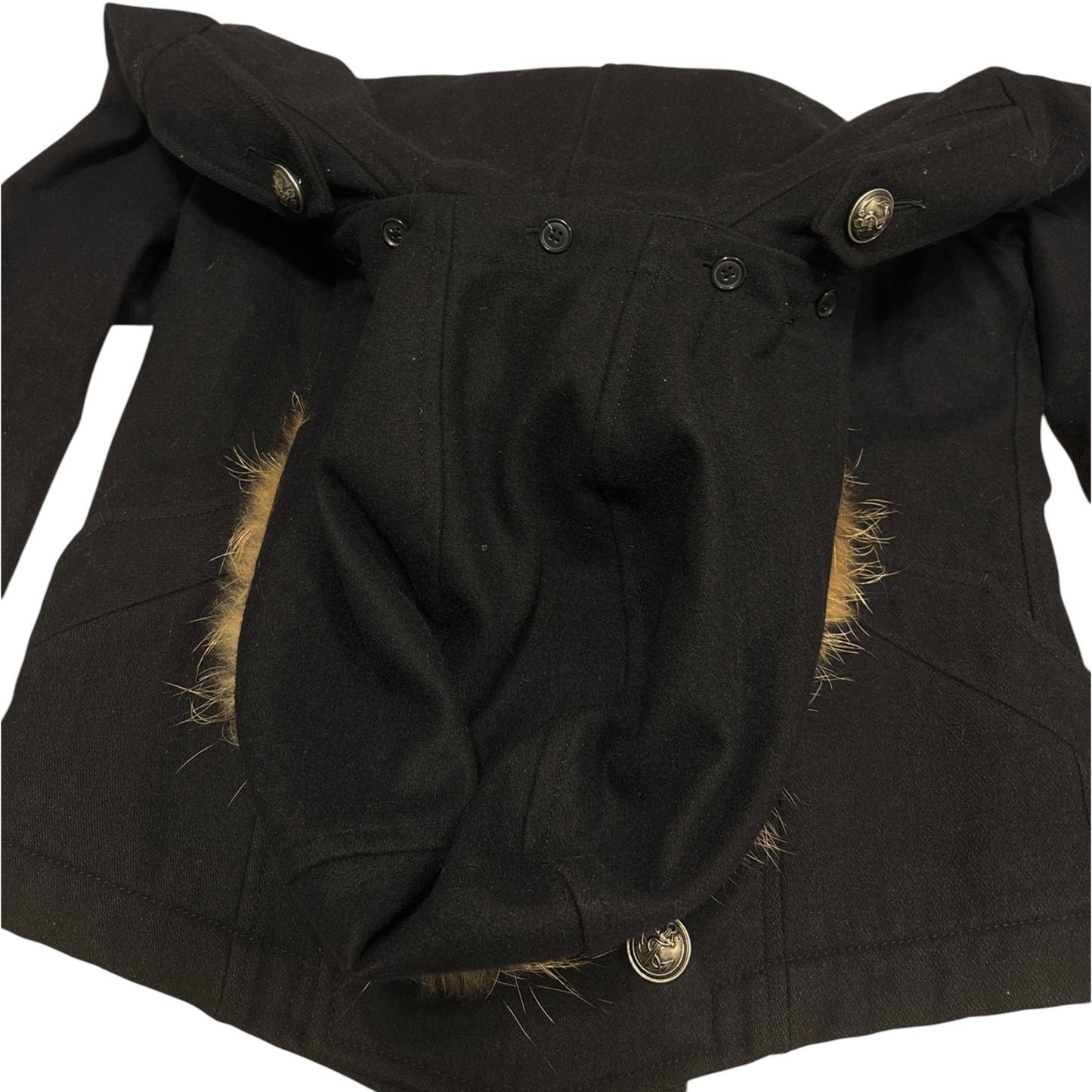 PPFM double breasted napoleon pea coat w/ raccoon fur trim