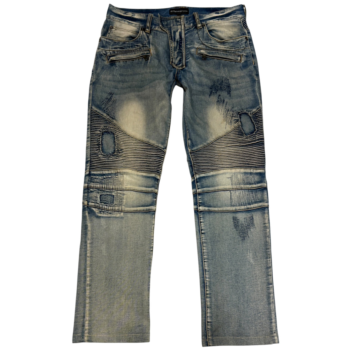 In The Attic lightweight blue distressed biker denim jeans