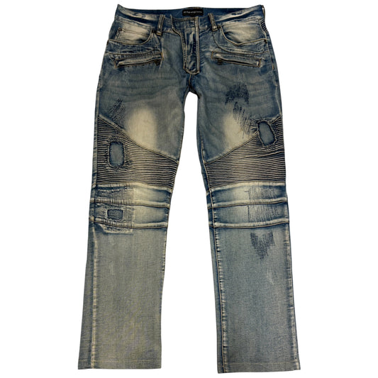 In The Attic lightweight blue distressed biker denim jeans