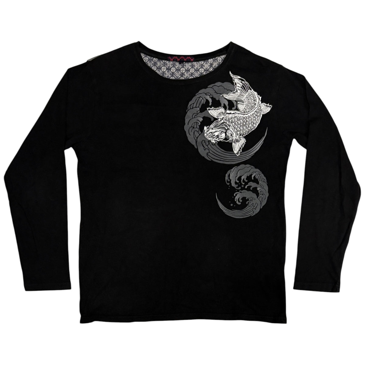 Japanese brand black koi print longsleeve T-shirt