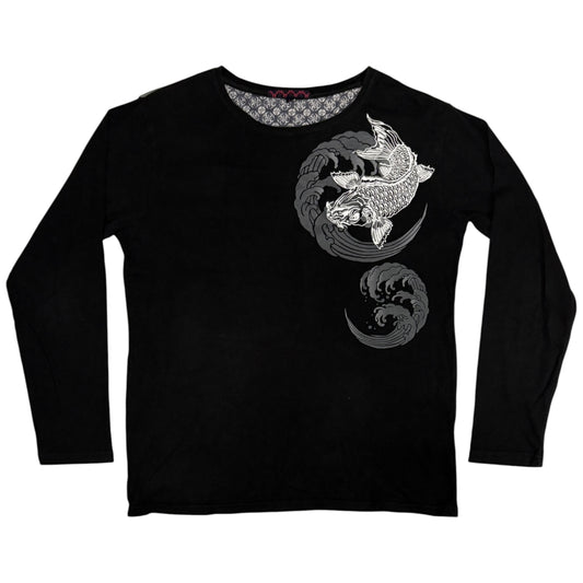 Japanese brand black koi print longsleeve T-shirt