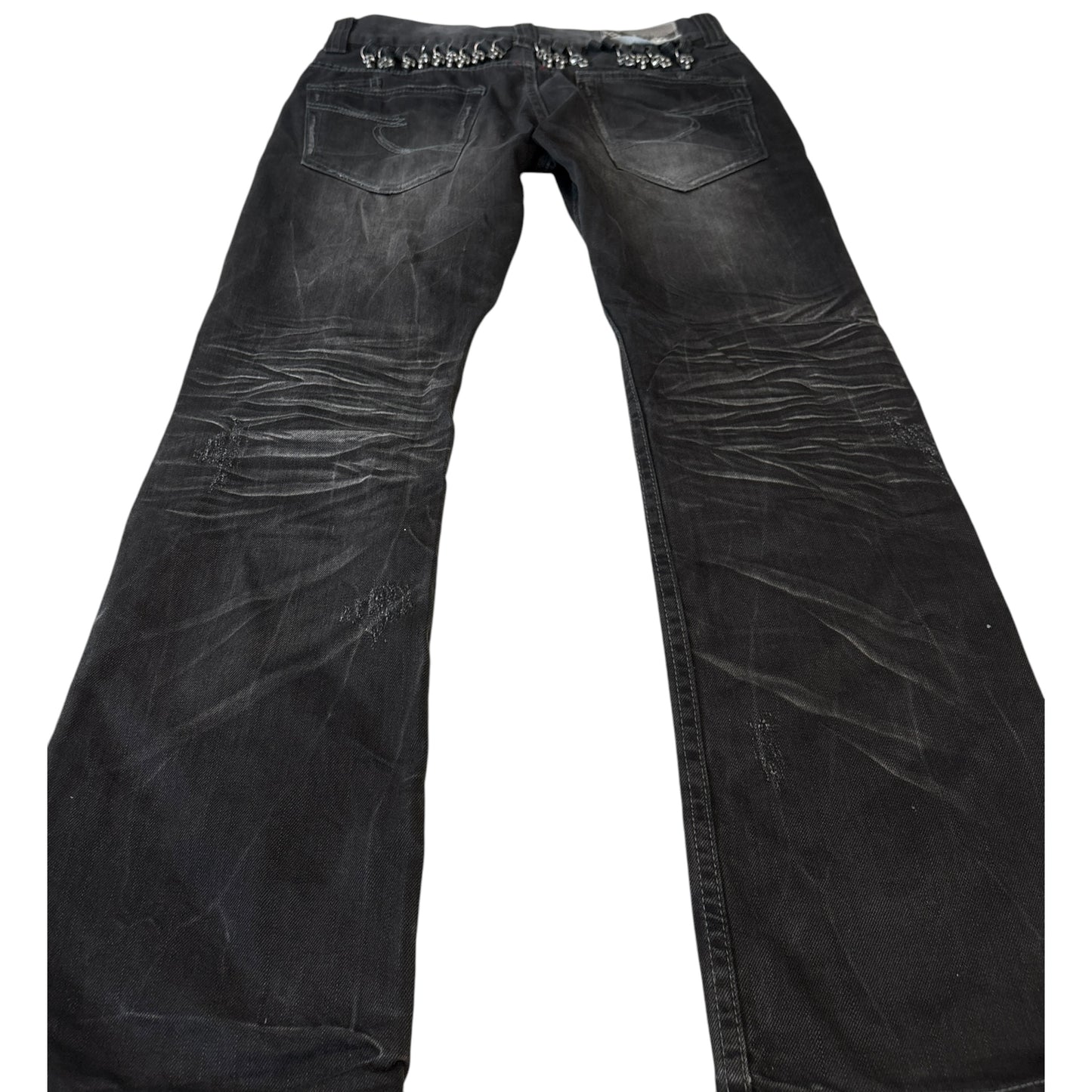 Semantic Design metal skull belt streaked whiskered denim jeans