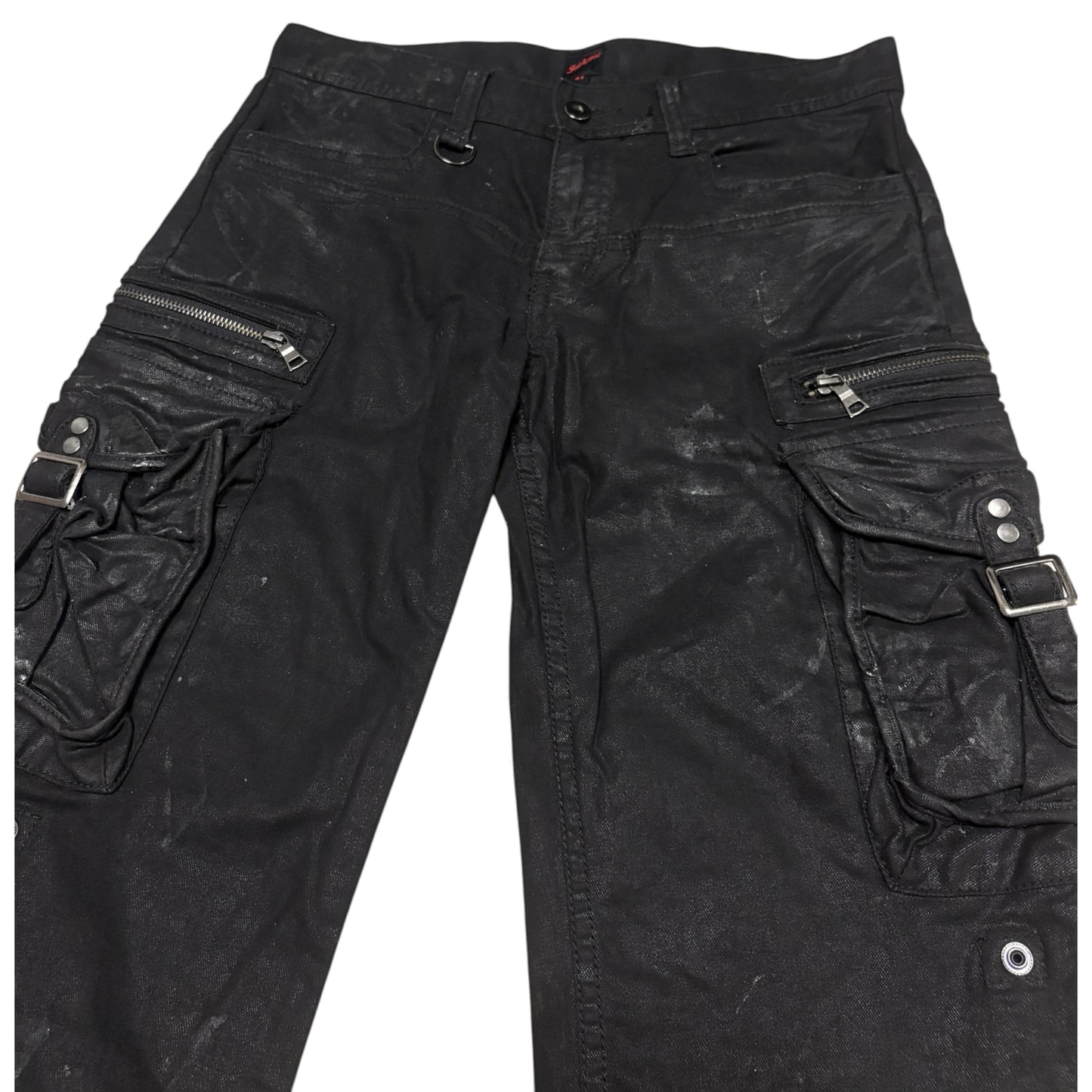Jackrose waxed cargo light denim shorts w utility zips & buckles