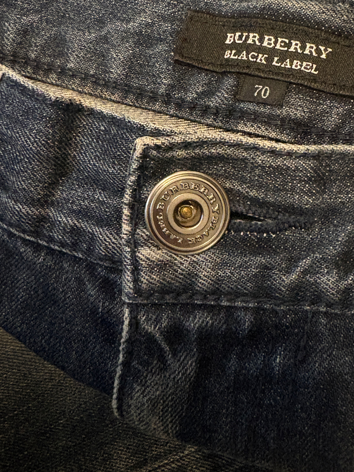 Burberry Black Label blue grey fade wash streaked distressed straight denim jeans