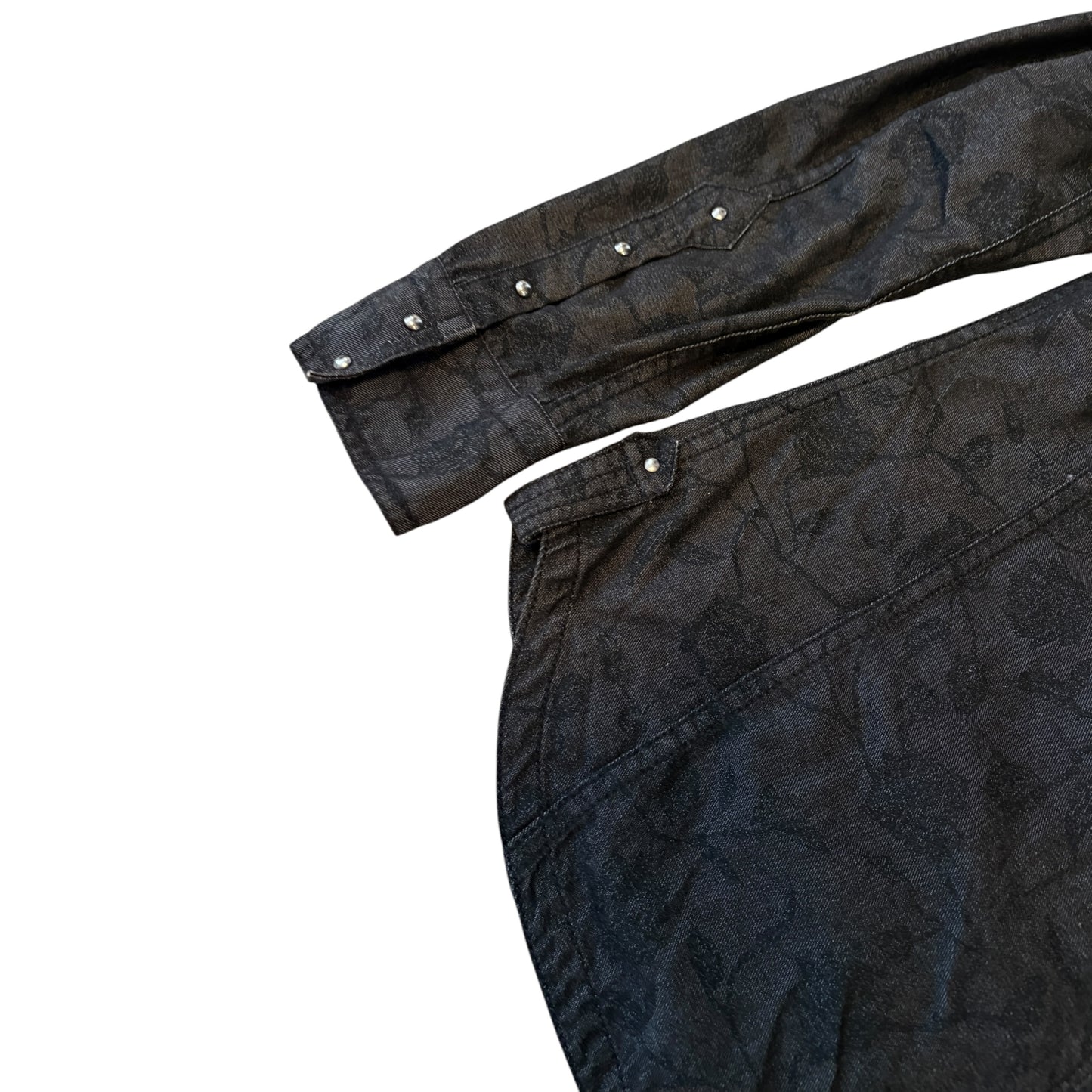 Nicole Club black floral print denim longsleeve shirt jacket w/ pyramid stud detailing