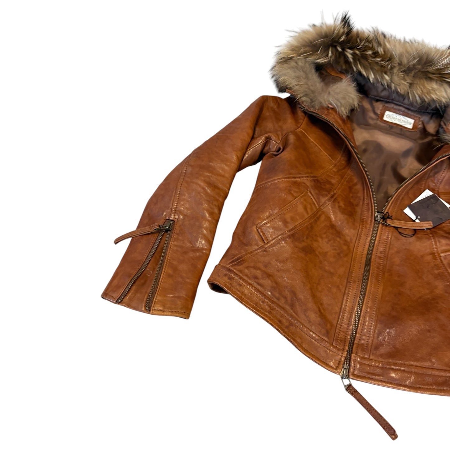 Goa tan lambskin leather flight jacket w raccoon fur hood