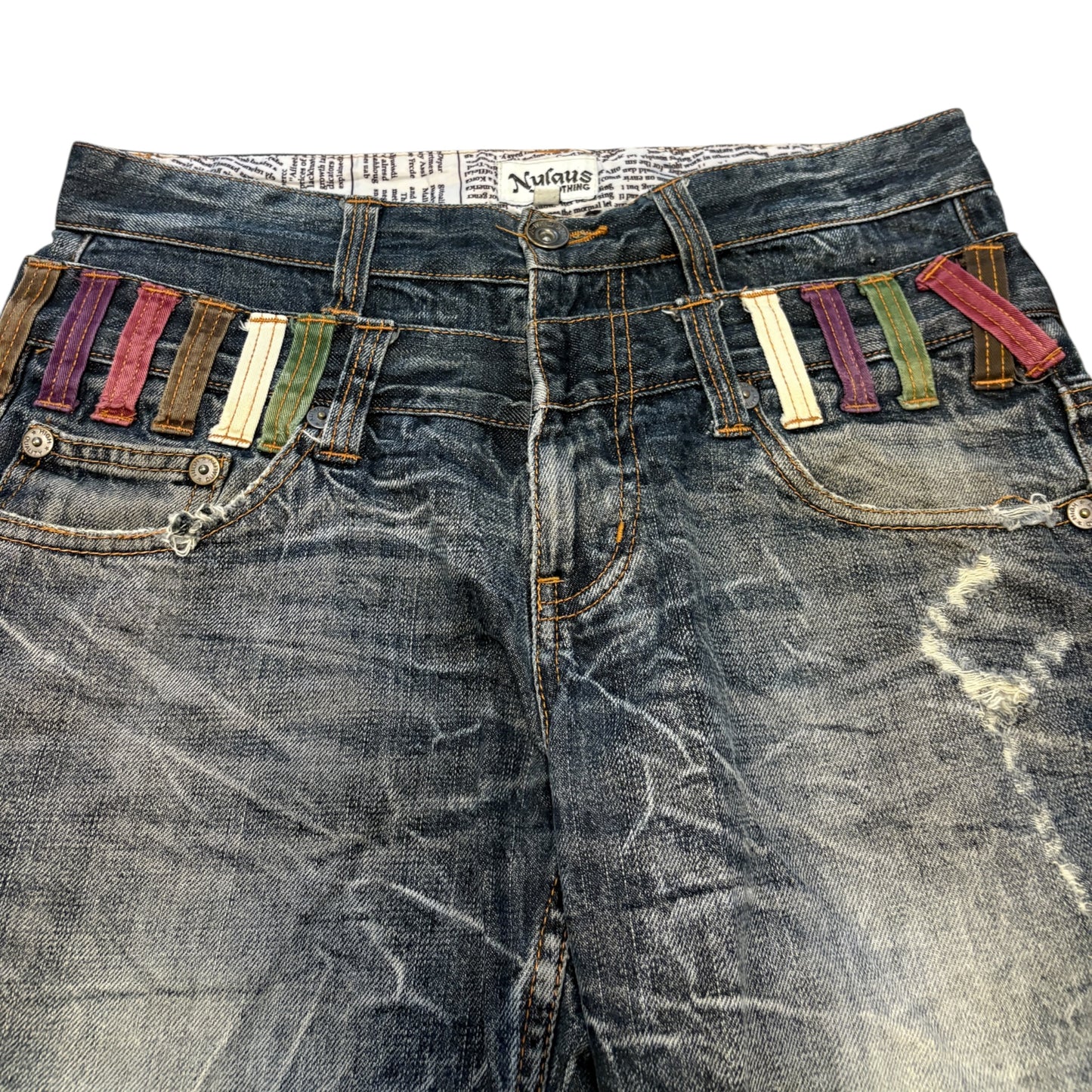 Japanese brand double waisted distressed whiskered denim jorts w/ multicolour belt loops