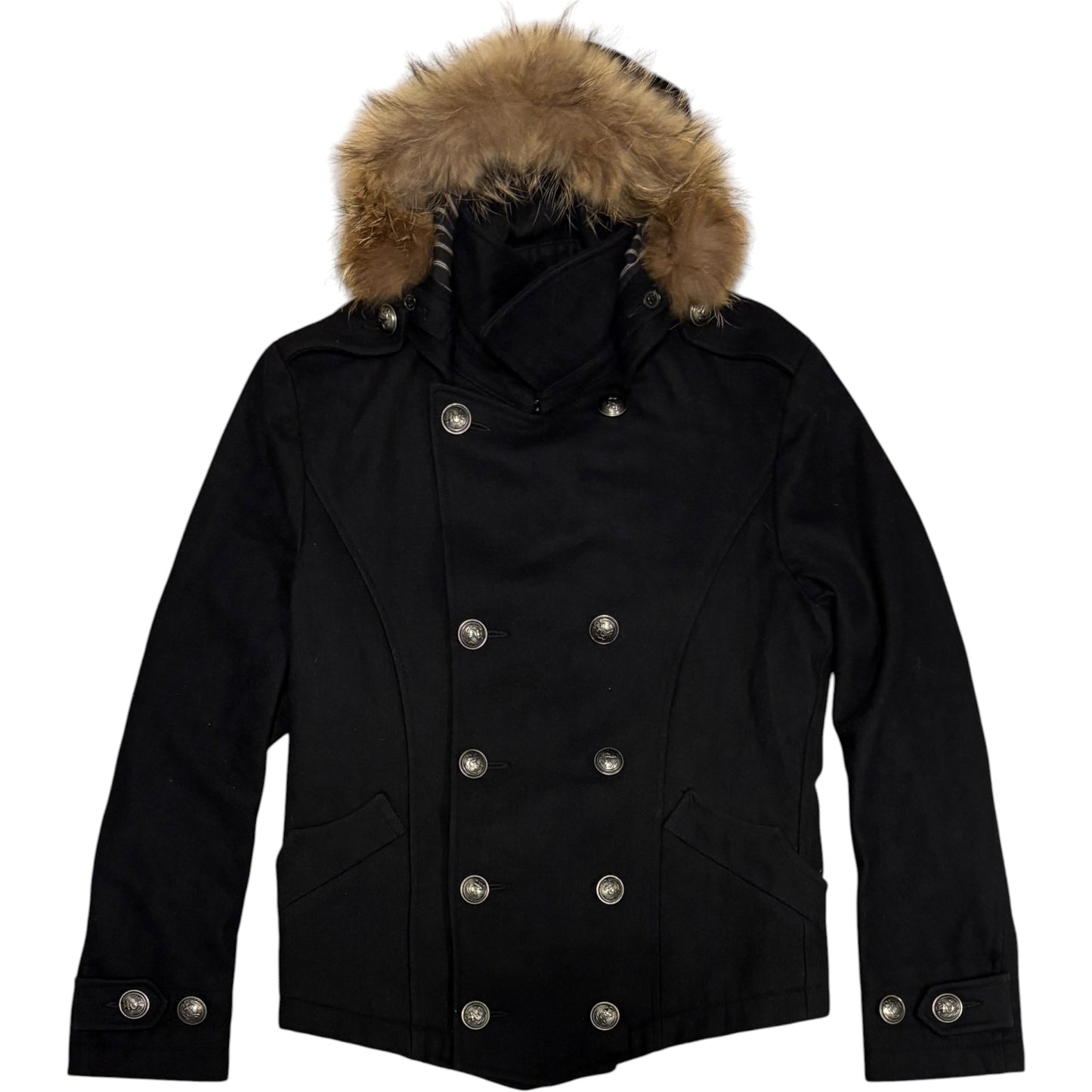 PPFM double breasted napoleon pea coat w/ raccoon fur trim