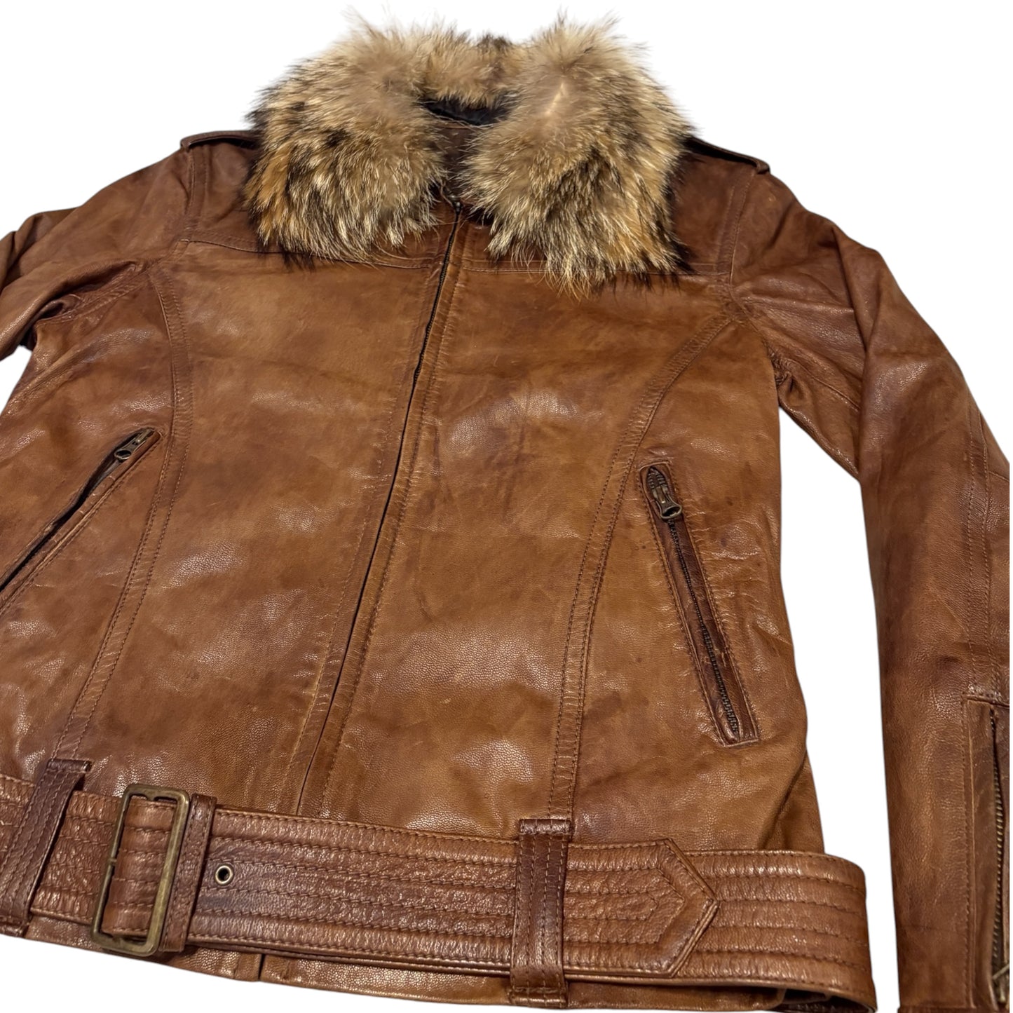 Tete Homme brown goat leather jacket w zips & removable belt & raccoon fur collar